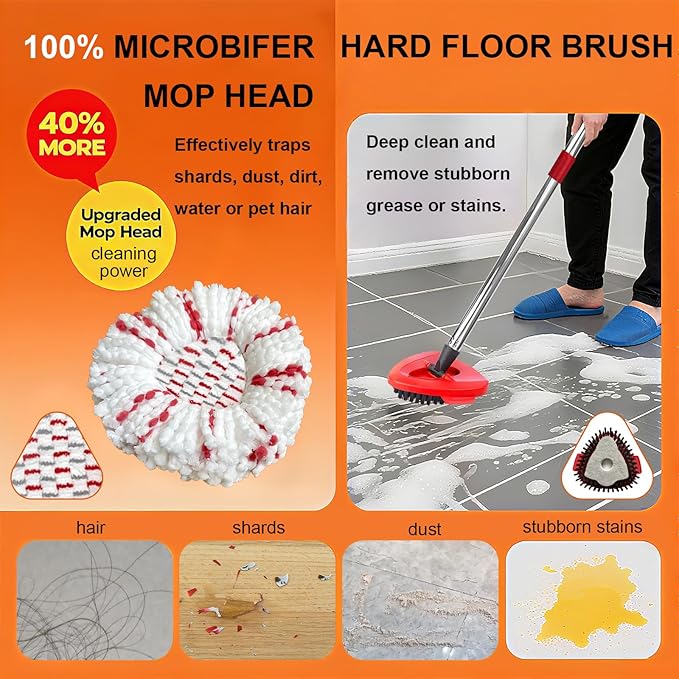 Spin Mop Replacements for O-Cedar EasyWring 1-Tank System: 4 Large Microfiber Mop Head Refills , Dual-Action Scrubber Brush, Adjustable Stainless Steel Handle, Durable Triangular Base