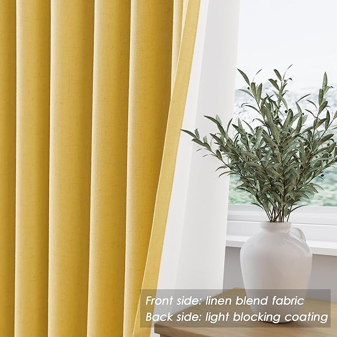 Gold Yellow Linen Blackout Curtains 102 Inches Long Thermal Insulated Back Tab Rod Pocket Flax Linen Sound Absorbing Blackout 2 Panels Set for Dining Room Modern Urban Curtains Drapes 52x102