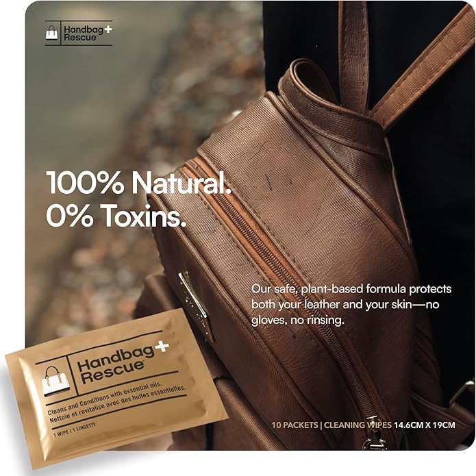 HandBagRescue All-Natural Cleaning Wipes | 10 Individually Wrapped Wipes | Instantly Remove Dirt & Surface Stains & Condition Leather Handbags & Purses with Essential Oils