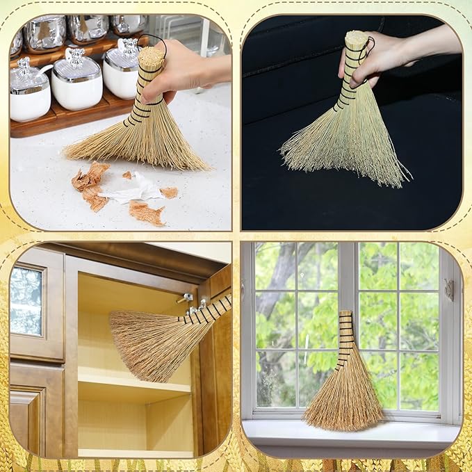 Suclain 2 Pcs Small Corn Whisk Brush Broom 100% Handmade 12 Inch Handheld Brush Whisks Natural Corn Short of Asian Whisk Broom with Nylon Thread Handle for Household Sweeping Indoor Outdoor (Style B)