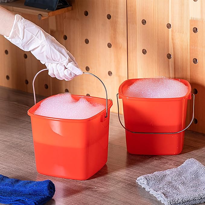 Zhehao 6 Pcs 3 Quart Cleaning Bucket Small Detergent Square Bucket Sanitizing Plastic Pail with Handles Square Cleaning Pail for Home, Offices, School, Commercial Use, Food Service(Red)