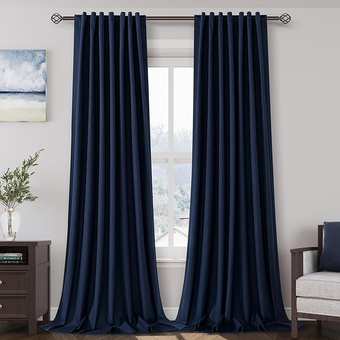 Navy Blue Linen Blackout Curtains 120 Inch Length 2 Panels Set Extra Long 10 Ft Back Tab Pocket Drapes Cotton Textured Thermal Insulated Total Blocking Curtain for Dining Room Cottage High Window