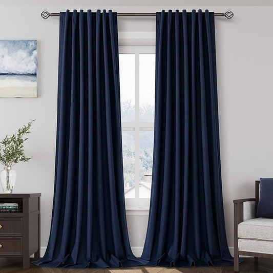 100% Blackout Linen Curtains 92 Inch Length 2 Panels for Living Room Loop Pocket Pinch Pleated Black Out Drapes Navy Blue Heat Reducing Total Blackout Window Curtain for Boy Man Bedroom 90 Inches