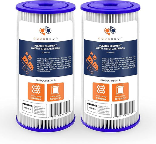 Aquaboon 5 Micron Pleated Sediment Water Filter 10 x 4.5 Cartridge - Whole House Water Filter Replacement - Whole House Water Filters Cartridges Compatible with Well Filters FXHSC, R50-BBSA, 2-Pack