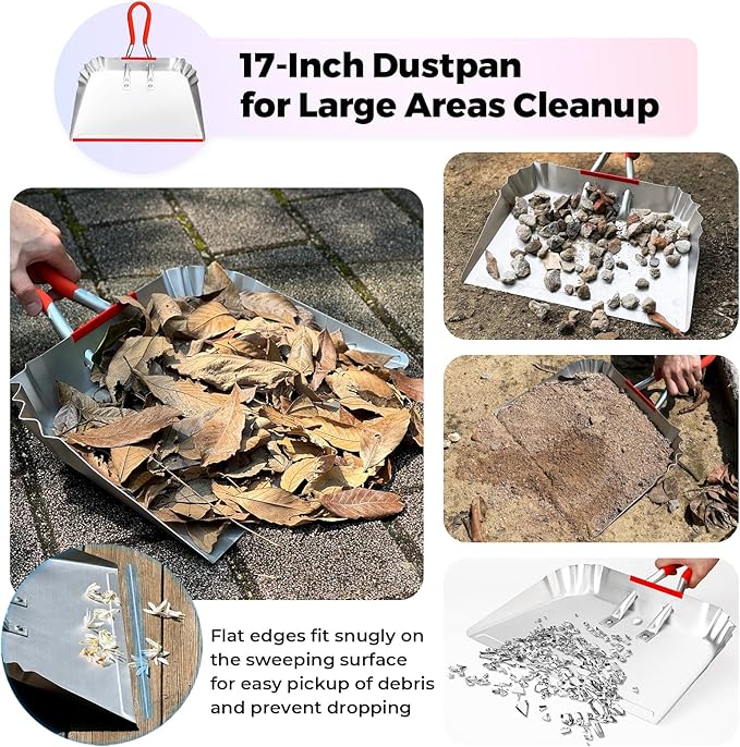 HexDorn 2 Pack Metal Dust Pan 17" and 12", Aluminum Heavy Duty Dust Pans with Non-Slip Rubber Handle, Large and Small Dustpan Set, Lightweight for Sweeping, Garage, Leaf, Household & Outdoor Cleaning
