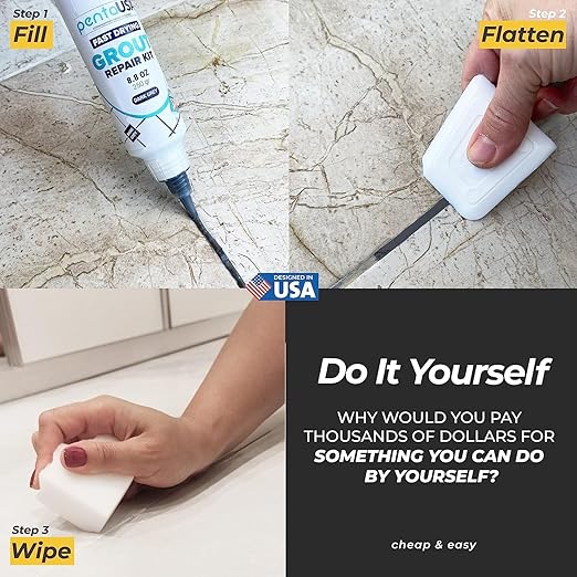 PentaUSA Tile Grout Repair Kit - Dark Grey Filler, Triple Protection, Fast Drying Formula Restores and Renews Lines with Float (8.8oz / 250gr)