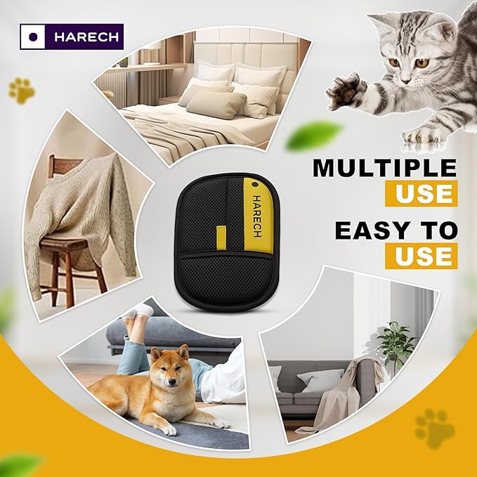 HARECH [2-Pack] Pet Hair Removal Glove Set, Black & Yellow Washable Fur Remover for Dogs & Cats, Reusable Grooming Tool with Meshed Fabric for Furniture, Sofa, Carpet