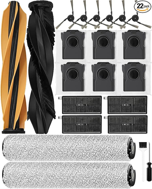 Yivy Aqua10 Roller Accessories Sets for Dreame Aqua10 Roller/Aqua10 Ultra Roller Robot Vacuum Cleaner: 2 Main Brushes 6 Dust Bags 6 Side Brushes 4 Filters 2 Roller Mops 1 Cleaning Brush 1 Screwdriver