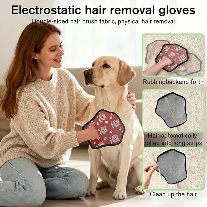 XIOBODR Personalized Pet Hair Remover Glove for Dogs & Cats - Custom Photo & Name Magic Brush for Dog Cat Hair Removal, Reusable Electrostatic Pet Hair Gloves for Furniture Carpet Couch, Face Paw Red