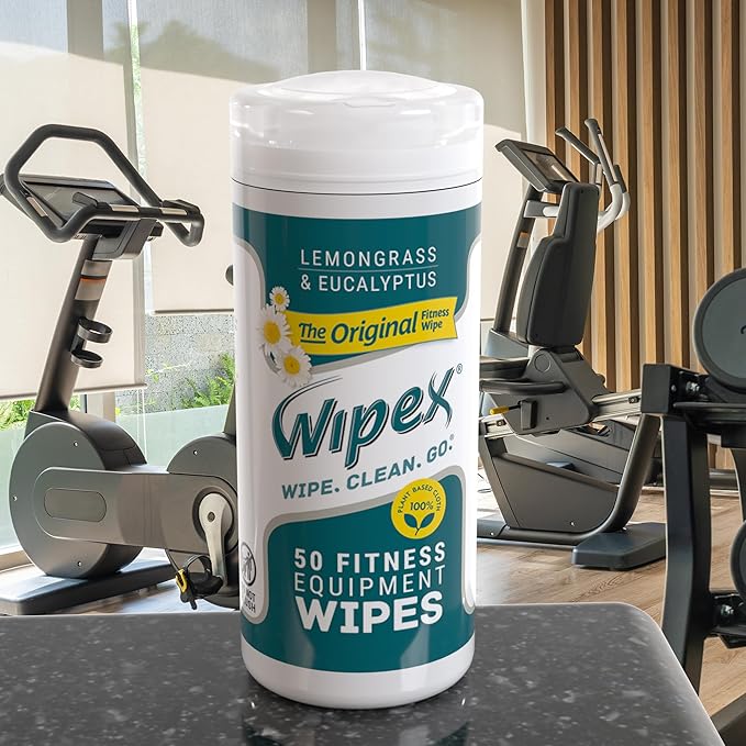 Wipex Original Fitness Equipment Wipes - Plant Based Gym Wipes for Equipment, Yoga Mat Cleaner, Peloton Cleaner, Exercise Machines, Natural w/Lemongrass, Eucalyptus & Vinegar, 50 Count (Pack of 12)