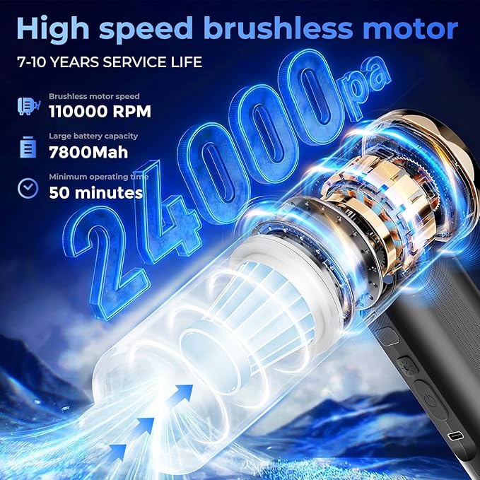 QWMSNUV Aspirador portátil inteligente, Negro, potencia de succión 24000Pa, Tiempo de ejecución de 50 min, diseño multifunción 5 en 1, chip de Doble Sensor, Motor sin cepillo