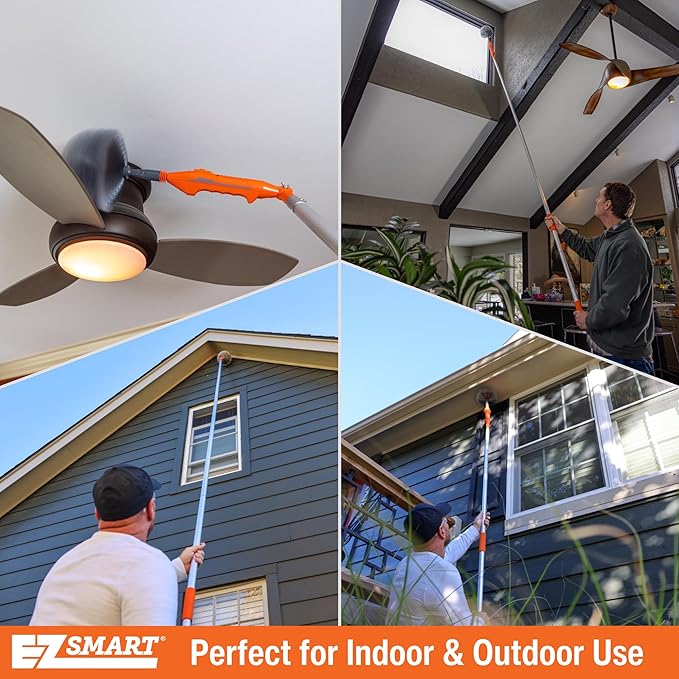 EZ Smart Powered Cobweb & Ceiling Fan Duster with 16ft Rigid Extension Pole – Adjustable Arm, Removable Washable Head, Interior & Exterior Use – Handheld or Pole-Mounted Cleaning Tool