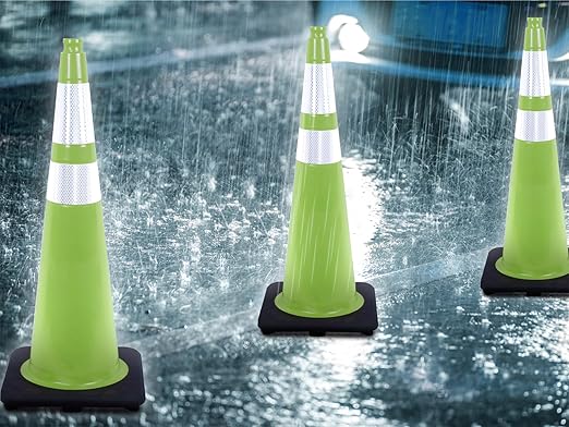 Fluorescent Orange/Green PVC Traffic Cones, Heavy Black Base Parking Lot Cone Structurally Stable Weatherproof Road Construction Safety Cones (4, Green, 36" Extra Large)