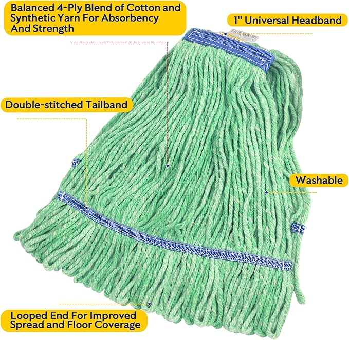 Matthew Cleaning Heavy Duty Mop Head Commercial Replacement for General and Floor Cleaning, Wet Industrial Blue Cotton Looped End String Head Refill (Pack of 6) Green