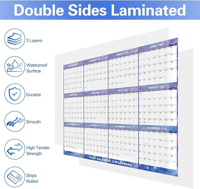 32" x 48" 2026 Wall Calendar Dry Erase - Large Starry Sky Calendar Wet & Dry Erasable Laminated 12 Month Annual Yearly Planner, Reversible, Horizontal/Vertical (2026 Wall Calendar)