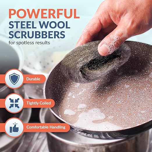 PAMI Pack of 8 Steel Wool Pads, Non Scratch Steel Scrubber for Dishes, Polishing Wool Sponge for Cleaning (#2 - Medium Coarse)