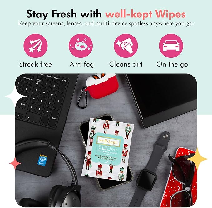 Well-Kept Tech & Lens Wipes - Eyeglass, Screen & Phone Cleaning, Multi-Surface, Lint-Free, Pre Moistened, Streak-Free & Non Scratching - Nutcracker, 6 Pack (90 Count)
