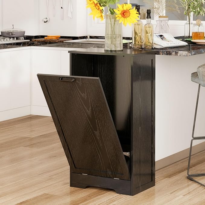 Tilt Out Kitchen Trash Can Cabinet, Pet Proof Wooden Kitchen Garbage Can with Lid, Hidden Laundry Basket Organizer, 10 Gallon Free Standing Bathroom Laundry Hamper Cabinet, Black