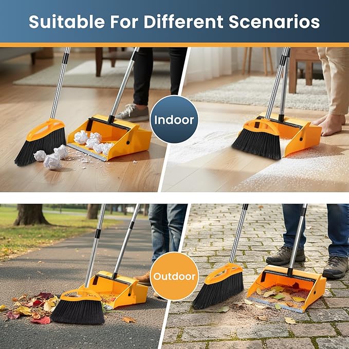 REEWII Commercial Broom and Dustpan Set，Long Handle Upright Heavy Duty Dust Pan Outdoor Indoor for Courtyards, Garages, Lobbies, Shopping Malls, Market Floors, Sidewalks, Classroom Floor Cleaning