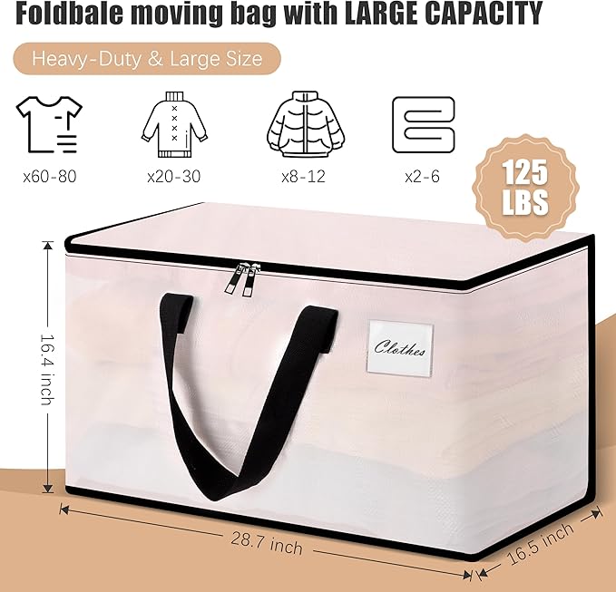 Heavy Duty Moving Bags - Extra Large Packing Bags and Storage Totes, Collapsible and Foldable Option for Moving and Storage, Clear, 125 L - 12 Pack