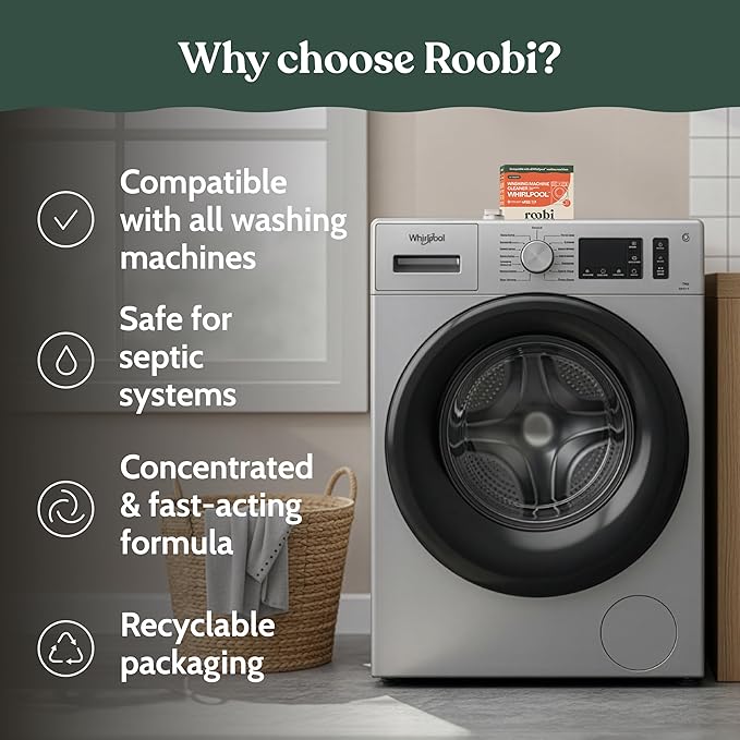Roobi Washing Machine Cleaner Tablets compatible with Whirlpool. Deep Clean Formula Eliminates Odor, Residue & Build-Up. Carbon-Neutral & Septic-Safe 24-Pack Cleaning Tablets.