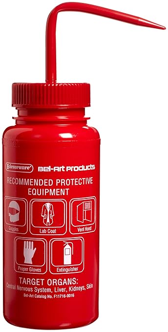SP Bel-Art Safety-Labeled 4-Color Toluene Wide-Mouth Wash Bottles; 500ml (16oz), Polyethylene w/Red Polypropylene Cap (F11716-0016), Natural (Pack of 4)