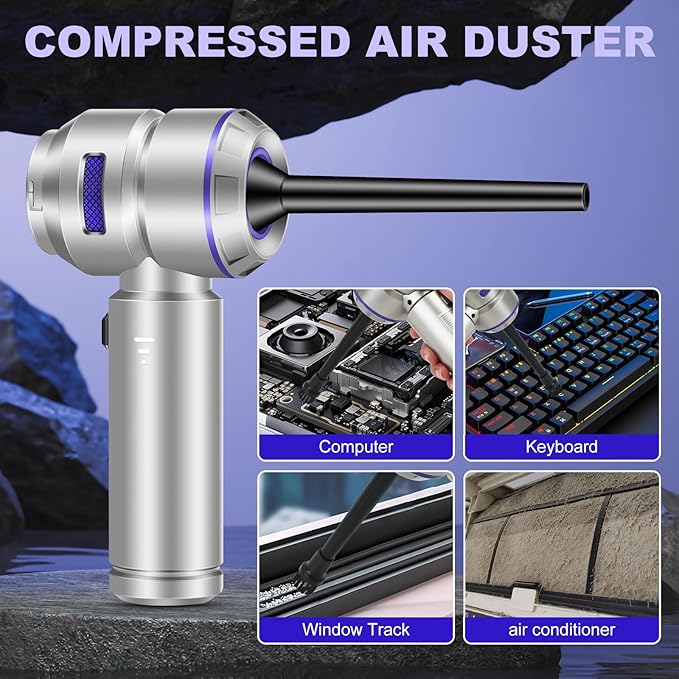 TianJQiS Handheld Car Vacuum Portable Cordless - 18000PA High Power with Brushless Motor, 4-in-1 Air Duster, Blower, Pump & Rechargeable Mini Vacuum for Car, Home, Office (Silver Grey+Blue)