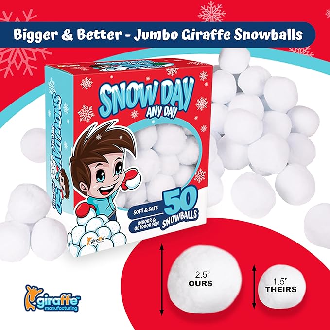 Giraffe 50 Pack Jumbo Fun Fake Snowball for Kids 2.5 Inches - Artificial Snowballs Bulk for Indoor and Outdoor - Snow Ball for Decorations, Winter Toy Games Fights - Fun Christmas Party Activities