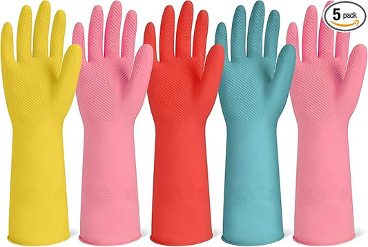 Rubber Cleaning Gloves for Dishwashing-5 Pairs Colorful Reusable Household Cleaning Glove for Washing Dishes and Kitchen Cleaning Non-Slip Grip Dish Gloves for Women Men (Large)