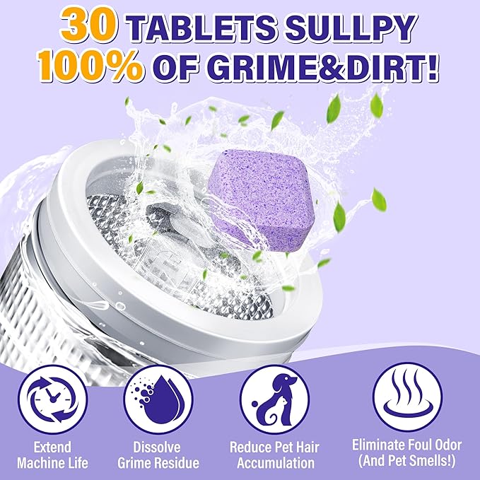 edoia 30 Pack Washing Machine Cleaner Tablets, Deep Cleaning for HE, Front＆Top Loader Washer, Natural Fresh Formulared for Pet Owners, Heavy Duty, Septic Safe (Over 12 Month Supply), 15G, Purple