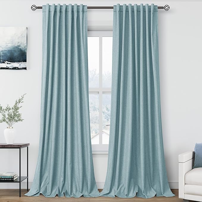 Light Blue Linen Blackout Curtains 120 Inch Length 2 Panels Set Burg Extra Long 10 Ft Back Tab Pocket Drapes Cotton Textured Total Sun Blocking Curtains for Living Room Cottage High Window 52x120