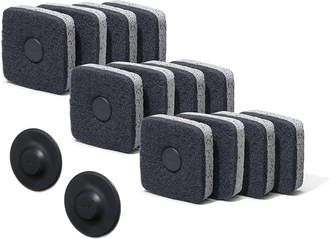 Ionic Non-Scratch Kitchen Sponge with Magnetized Holder, Dual Sided Cellulose and Scrub Pad, 12 Pack, Black/Grey