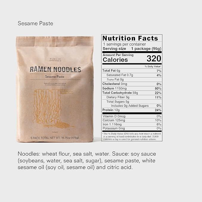 Public Goods Ramen Noodles | Brothless Vegan & Vegetarian Instant Ramen | Healthy, High Protein Asian Noodle | Preservative Free | No Added MSG | Sesame Paste (10 Pack)