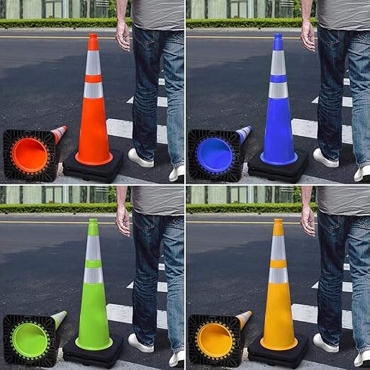 Fluorescent Orange/Green PVC Traffic Cones, Heavy Black Base Parking Lot Cone Structurally Stable Weatherproof Road Construction Safety Cones (4, Yellow, 36" Extra Large)