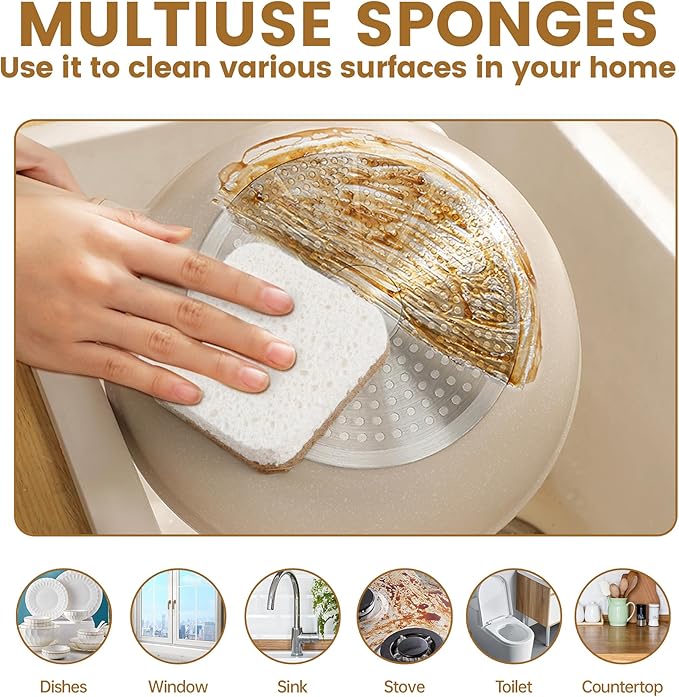 6pcs Scrub Sponges with Suction Cup Hook, Natural Kitchen Sponge, Biodegradable Compostable Cellulose and Coconut Non-Scratch Sponges, Cleaning Sponges for Dishes