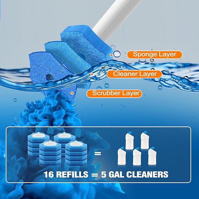 NEWE Disposable Toilet Brush, Toilet Bowl Wand Holder Set with Upgraded Clamping System, 16PCS Cleaner Refills, Bathroom Cleaning Tool for Sink Bathtub Drain Wash Basin Urinal