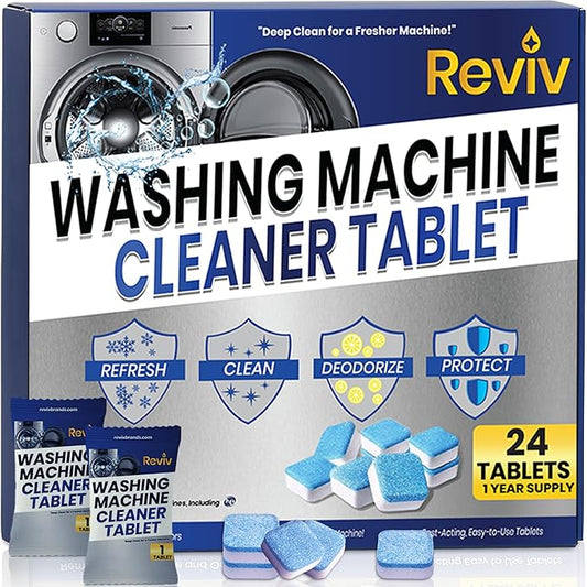 REVIV Washing Machine Cleaner Tablets – 24 Count, 12-Month Supply – Deep Cleaning & Odor-Removing Tablets for Front Load, Top Load & HE Washers – Biodegradable, Septic-Safe, Non-Toxic Descaler