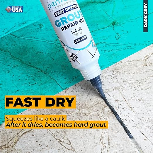 PentaUSA Tile Grout Repair Kit - Dark Grey Filler, Triple Protection, Fast Drying Formula Restores and Renews Lines with Float (8.8oz / 250gr)