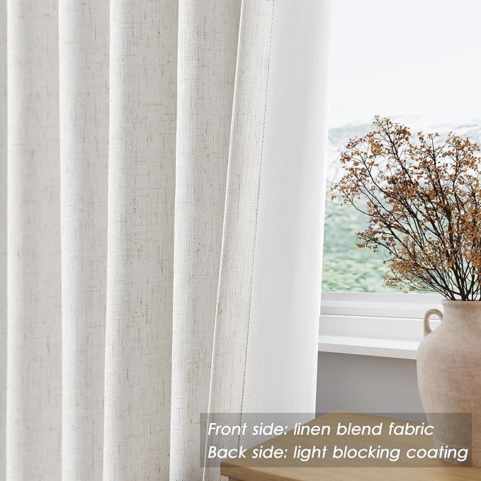 Nanspring Ivory Linen Blackout Curtains 96 Inches Long 2 Panel Set for Living Room Back Tab Pinch Pleated Blackout Curtain Drapes Boho Farmhouse Neutral Cream Bedroom Black Out Curtains 96 Inch Long