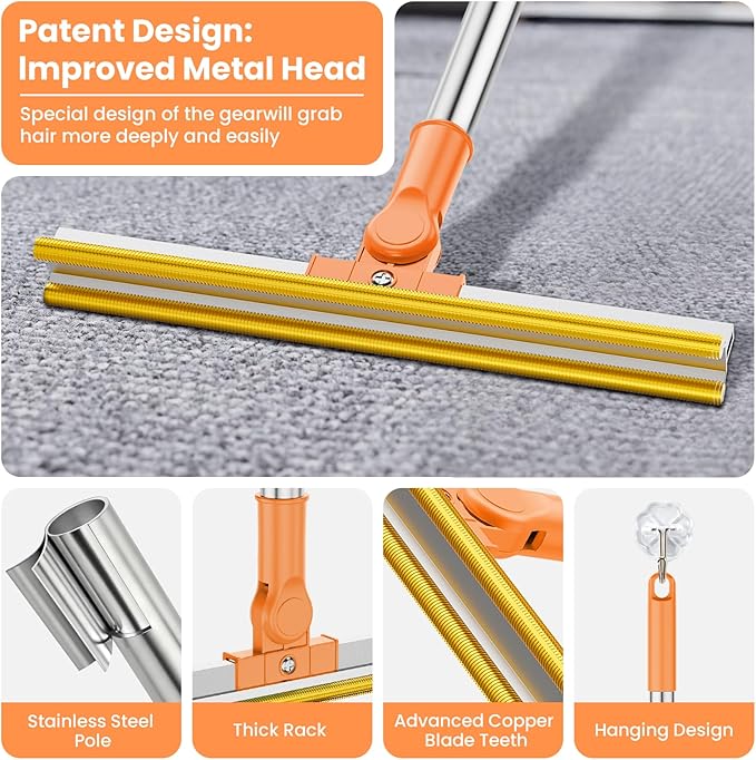 Bolfie 3 in 1 Carpet Rake for Pet Hair Removal, Tool Set of 3, 55” Long Handle Carpet Pet Hair Removal Carpet Scraper Dog Cat Hair Remover for Sofa, Couch, Car, Rug (Orange)