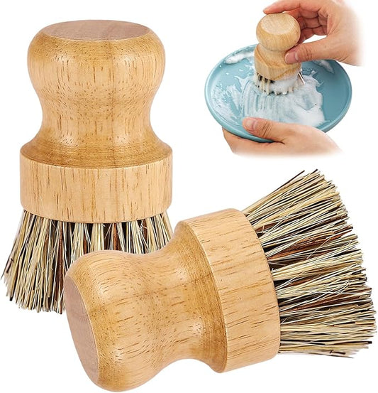 2er Pack Palm Pot Brush- Bamboo Round Mini Dish Brush Natural Scrub Brush Durable Scrubber Cleaning Kit with Union Fiber and Tampico Fiber for Cleaning Pots, Pans and Vegetables (A, M)