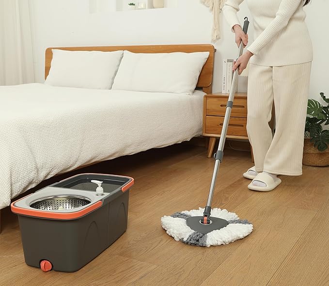 HOLJUS Spin Mop and Detachable Bucket Set with 5 Reusable Microfiber mop Head Dual-Chamber Water System Spining Mop Floor Cleaning Kit for Hardwood Tile Laminate Floors (Gray)