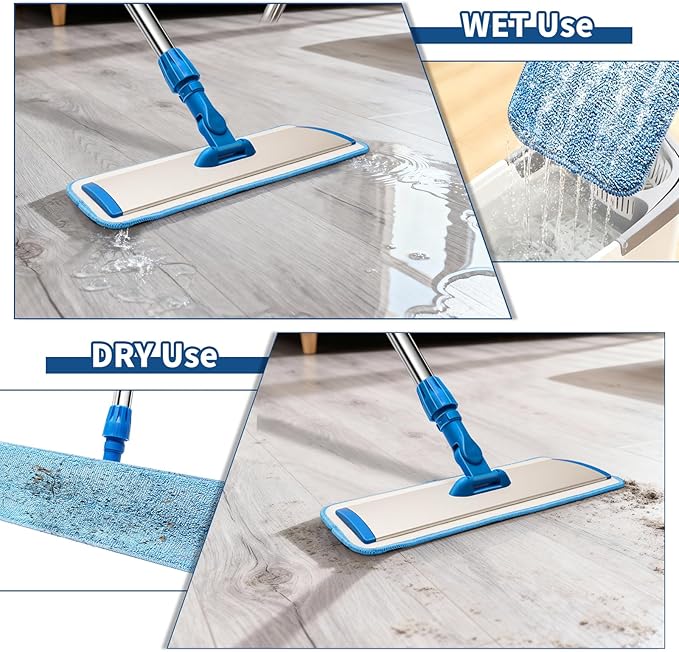 18" Professional Microfiber Mop Floor Cleaning, Flat Mop with Stainless Steel Handle,360-Spin Head with 2 Reusable Washable Pads, Microfiber Wet and Dust Mopping for Hardwood and Tile,Blue