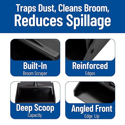 SPARTA Plastic Dust Pan, Upright Pan With 2 Piece Handle For Cleaning, 11 X 12 X 3.5 Inches, Black