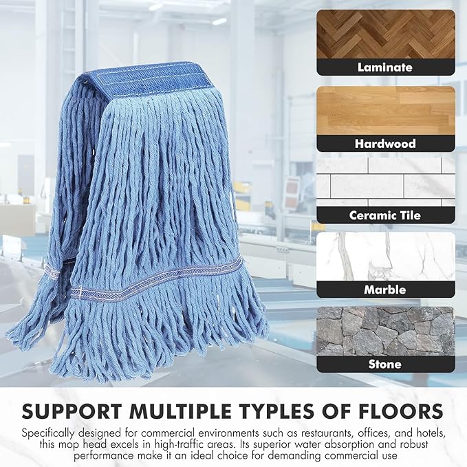 KULED Commercial Mop Head Replacement, Heavy Duty Industrial Cotton Mop Heads, Looped-End String Wet Mop Head for General and Floor Cleaning, Blue (Standard)