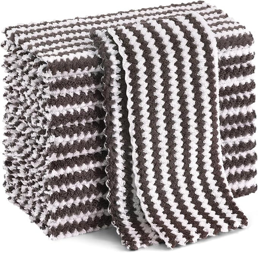 Homaxy 12 Pack Kitchen Dish Cloths, Ultra Soft and Absorbent Dish Towels, Reusable Fast Drying Microfiber Cleaning Cloth, Coral Velvet Wave Design No-lint, 10 x 10 inches, Brown