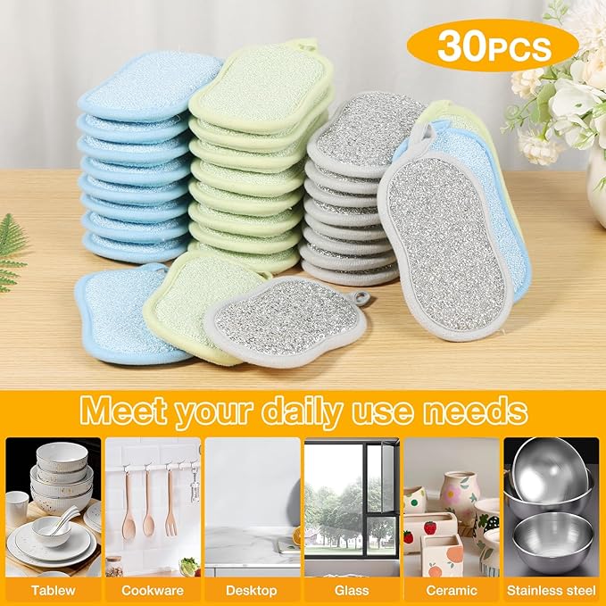 30 Pack Multi-Purpose Scrub Sponges Kitchen, Reusable Dish Sponges, Non-Scratch Microfiber Sponge for Efficiently Cleaning Dishes, Pots and Pans, 3 Colors