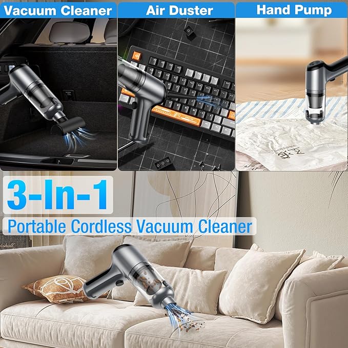 Fanisic Car Vacuum Handheld Vacuum Cleaner/Air Duster, 18000PA Strong Suction with Brushless Motor, Rechargeable Dust Buster/Hand Pump Low Noise for Car Detailing Home Office Cleaning