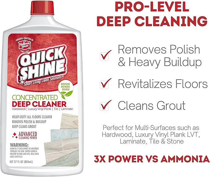 Quick Shine Multi Surface Deep Floor Cleaner and Wax Remover 27oz, 6Pk | Removes Wax Build-Up, Revitalizes Floors & Cleans Grout | Use on Hardwood, Laminate, LVT, Tile and Stone | Pro-Level Cleaning
