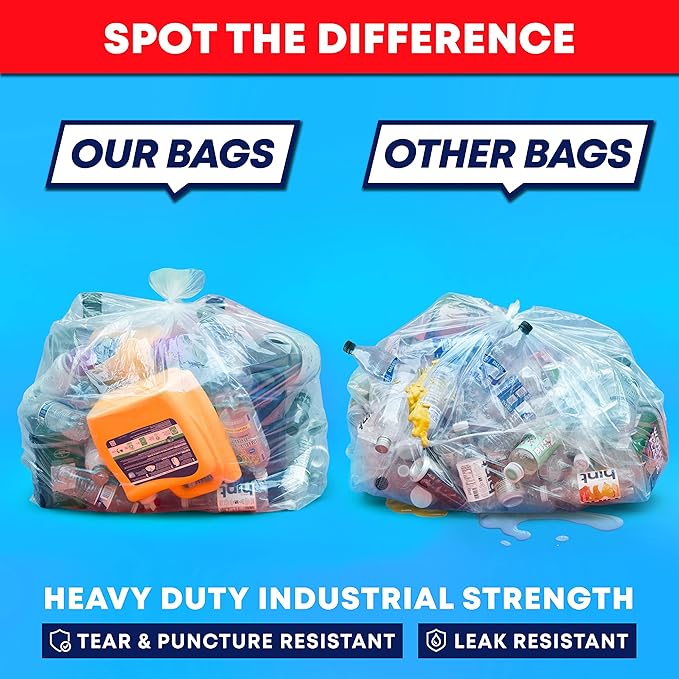 55 Gallon Clear Trash Bags, (50 Bags w/Ties) Large Clear Plastic Recycling Garbage Bags
